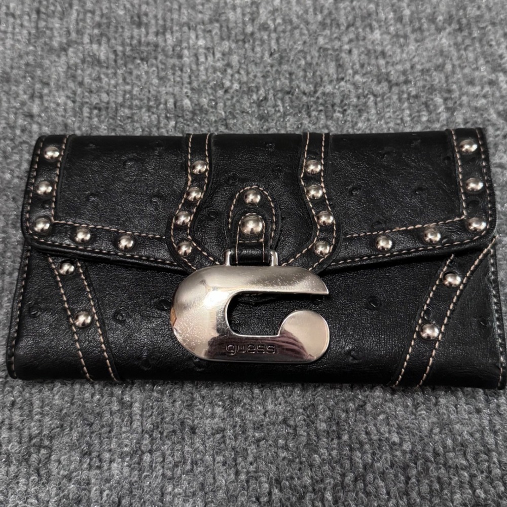Guess Y2K Black Ostrich Embossed Studded Trifold Wallet Silver G Logo Hardware